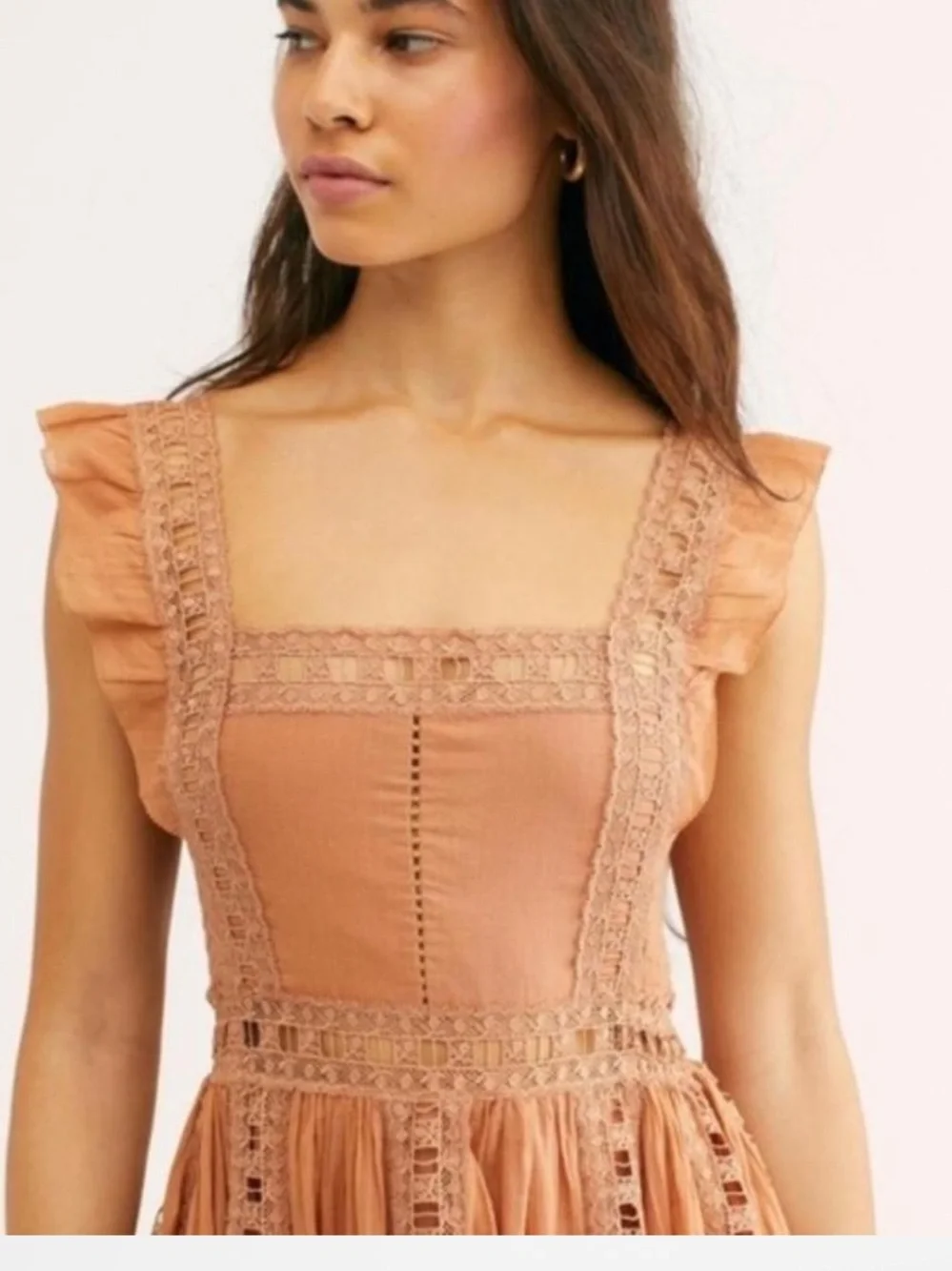 Free People Camel Lace Trim Square Neck Mini Dress